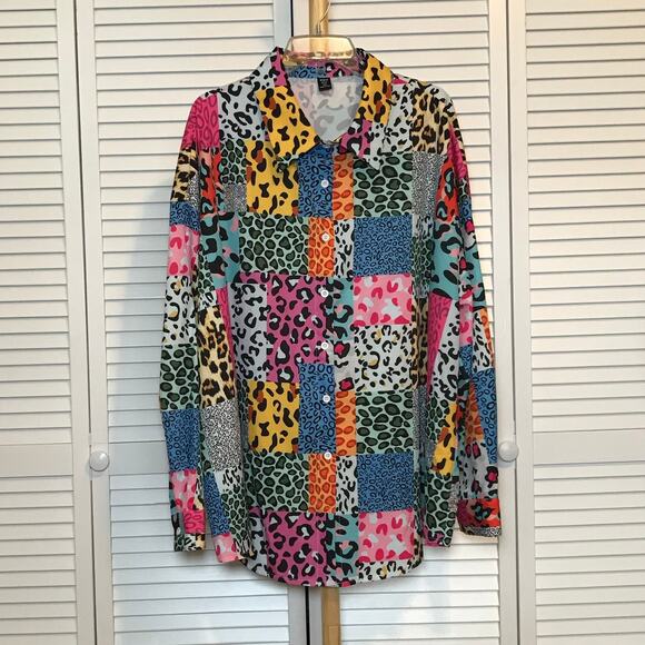 SHEIN Patchwork-Style Collared Button-Down Long Sleeve Blouse 3XL - Picture 1 of 8